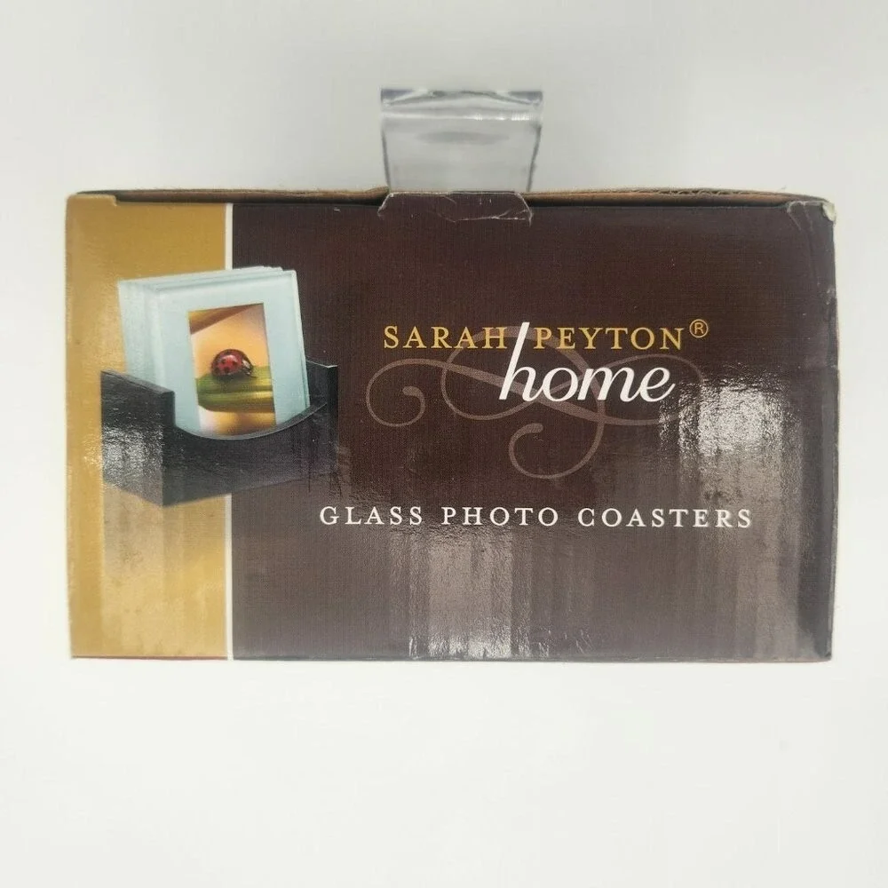 Set of 4 Frosted Glass Photo‎ Coasters with Wood Stand by Sarah Peyton Home